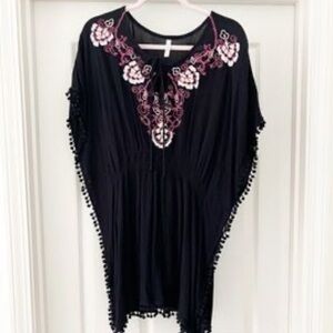 Francesca’s Women’s Black Pink embroidered swim beach coverup dress